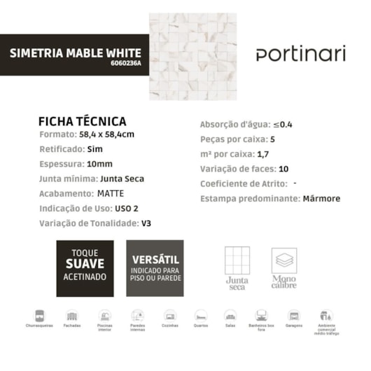 Revestimento Portinari Simetria Marble WH 58,4x58,4cm Retificado - Imagem principal - 7da6f6be-184d-41a0-b512-2a5bc20b7a27