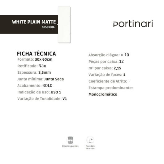 Revestimento Portinari White Plain Matte 29,1x58,4cm Bold  - Imagem principal - 09dffa02-7d7b-44cb-b070-622757c93f18