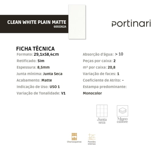 Revestimento Portinari White Plain Matte 29,1x58,4cm Retificado  - Imagem principal - 5286fe97-6c50-42d5-a742-8736fe61bc61