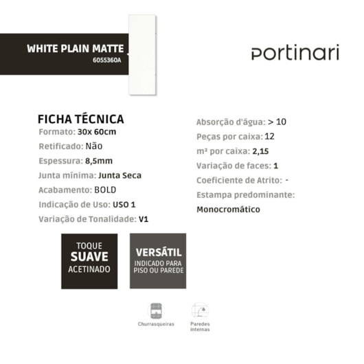 Revestimento Portinari White Plain Matte 30x60cm Branco Bold  - Imagem principal - 522e2532-32ee-4cd4-8f00-239c71756d5e