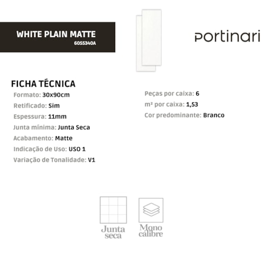 Revestimento Portinari White Plain Matte 30x90cm Retificado - Imagem principal - cba84fc9-db5b-47f5-b635-1977673a2157