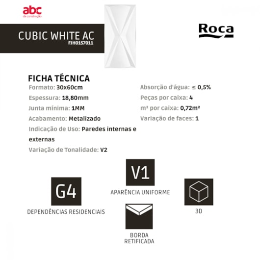 Revestimento Roca Cubic White Matte Acetinado 30x60cm Branco Retificado - Imagem principal - f5736f39-1357-45e9-8958-5fa811eb801a