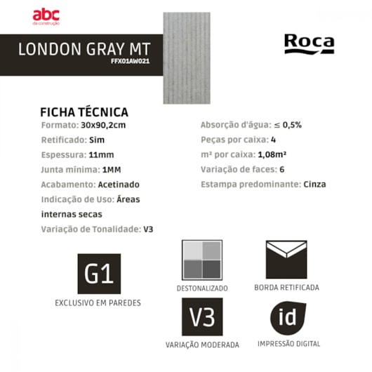 Revestimento Roca Inserto London Gray Cinza Acetinado 30x90,2cm Retificado  - Imagem principal - cd6639f5-4362-4b72-86a9-16eb1ea507f7