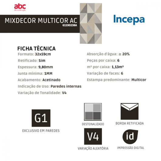 Revestimento Roca Mixdecor Multicor Acetinado 32x59cm Retificado  - Imagem principal - 94c06aba-9a62-41ab-9588-c96b9d1445b4