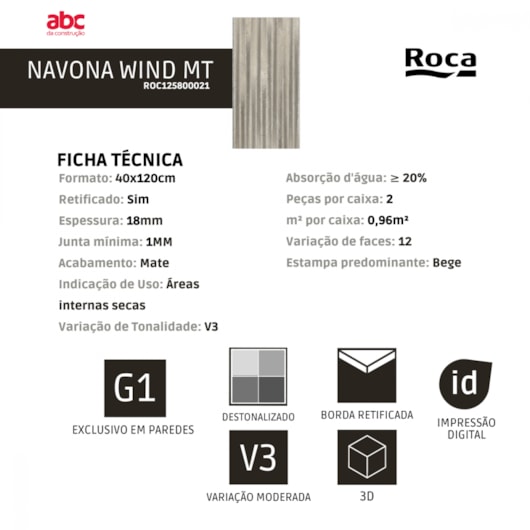 Revestimento Roca Navona Wind Acetinado 40x120cm Retificado - Imagem principal - 0bb99670-beda-4f2a-b9f7-495042f128e9