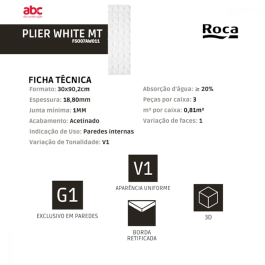 Revestimento Roca Plier White Matte Acetinado 30x90,2cm Retificado  - Imagem principal - cffb897c-f1e7-4f7f-a416-b46d8bf2cc53