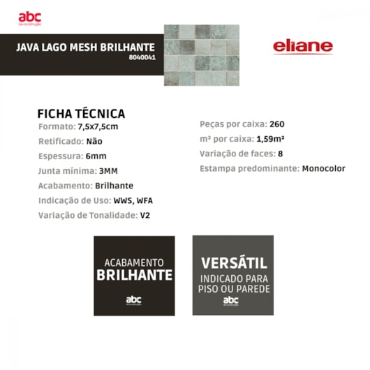 Revestimento Telado Eliane Java Lago Mesh Brilhante 7,5x7,5cm - Imagem principal - fd130a6b-5269-40f9-882f-47ba2a73c746