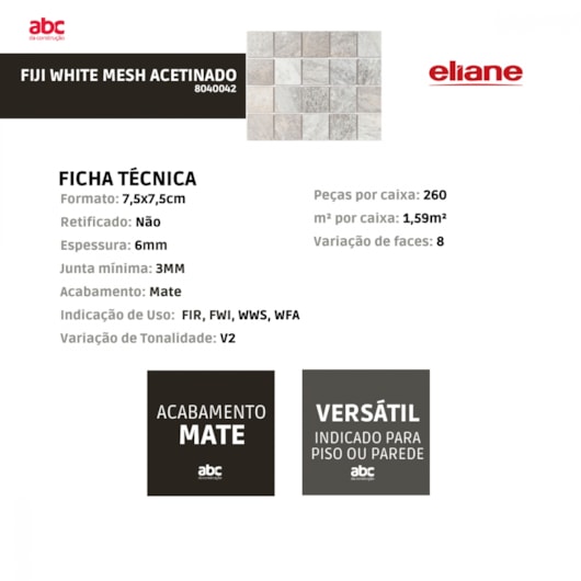 Revestimento Telado Eliane Para Fachada E Piscina Eliane Fiji White Mesh Mate 7,5x7,5cm Bold - Imagem principal - d7553d43-8b47-44a8-b29e-b2c5134e72bb