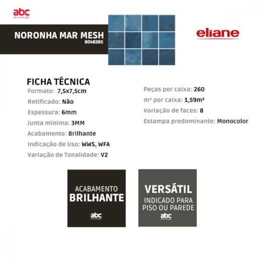 Revestimento Telado Eliane Para Fachada E Piscina Noronha Mar Mesh Brilhante 7,5x7,5cm Bold - Imagem principal - 0ddc047d-46f0-417b-8a0c-628016f9aeed