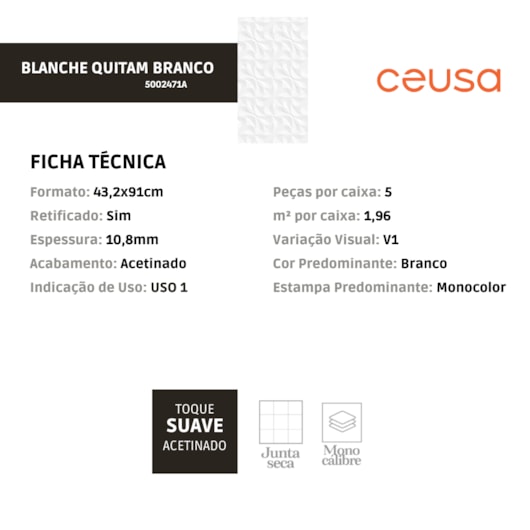 Revestimetno Ceusa Blanche Quitan Acetinado 43,2x91cm Retificado - Imagem principal - e7459975-4706-47f8-a9a1-6042a54b1fdc