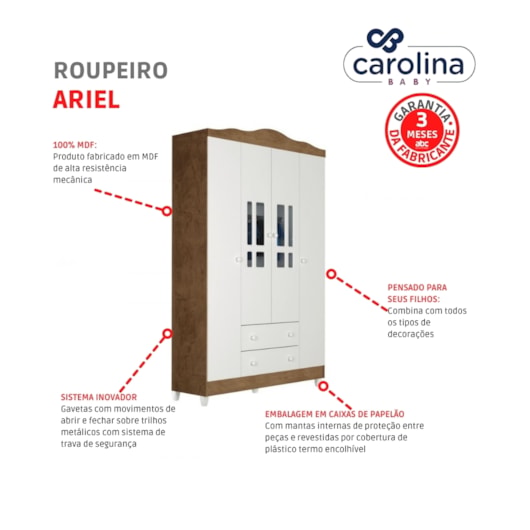 Roupeiro Ariel 4 Portas Branco/amadeirado Carolina Baby - Imagem principal - d1187f82-59e9-4cab-a98c-27d4ff396d72