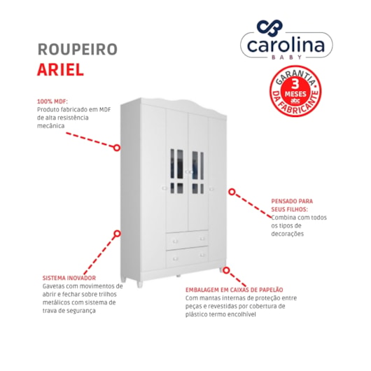 Roupeiro Ariel 4 Portas Branco Brilho Carolina Baby - Imagem principal - 2ad038e4-3c3d-49c9-81a9-3197fab1844b