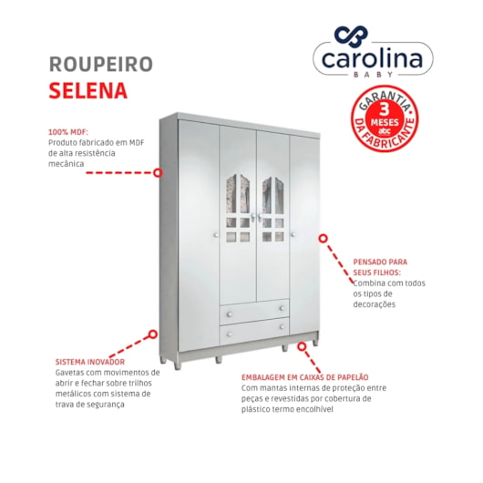 Roupeiro Selena 4 Portas Branco Brilho Carolina Baby - Imagem principal - 5a644598-d2cd-428d-96e8-69e51043282e