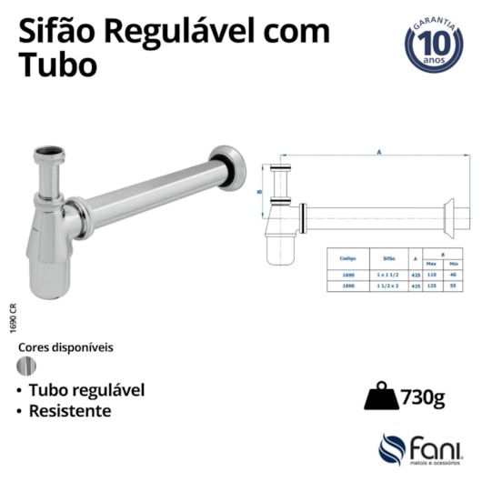 Sifão Para Lavatório 1 1/2 Com Tubo Saída 40cm Cromado Fani - Imagem principal - d3c9f0d3-e7bc-40c8-9a93-7e8553797da1