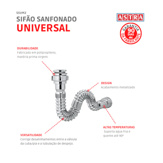 Sifão Universal  Sanfonado Simples Ssum2 Cromado Astra - Imagem principal - 5c5d92d8-841c-463f-ba9e-992909b66524