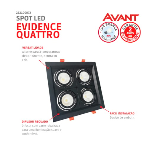 Spot Led Evidence Quattro Luz Amarela E Branca 28W Preto Fosco Avant - Imagem principal - f3bed1d0-25d3-42d5-b2f8-d3ec4b815e8e