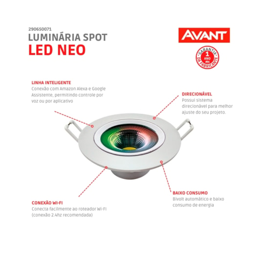 Spot Led Neo Redondo 5W Luz Amarela 2700K Luz Branca 6500K E Rgb Bivolt Avant - Imagem principal - 599ba7ca-0b0c-4fd6-9948-aae2a03bc711