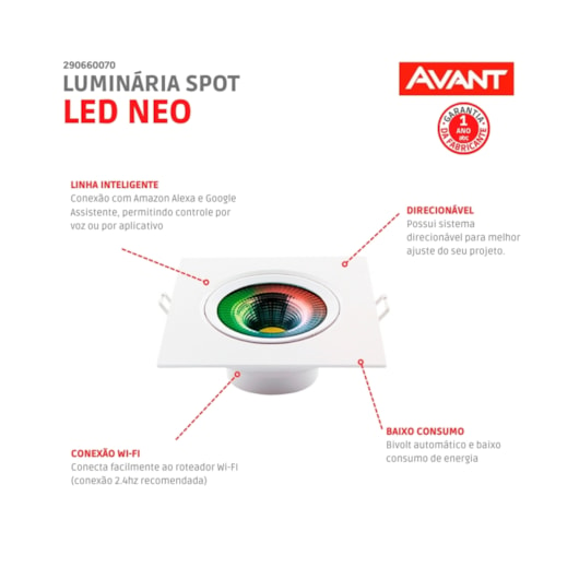 Spot Led Quadrado Neo 5W Luz Amarela 2700K Luz Branca 6500K Rgb Bivolt Avant - Imagem principal - bff62a7a-5d79-448f-8b9a-75ae07946e21