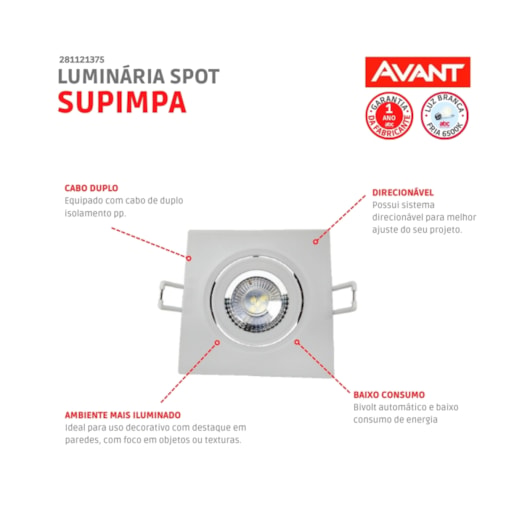 Spot Supimpa Quadrado 12w 6500k Bivolt Luz Branca Avant - Imagem principal - be5f372b-99ee-4d43-8206-adb8581fd552