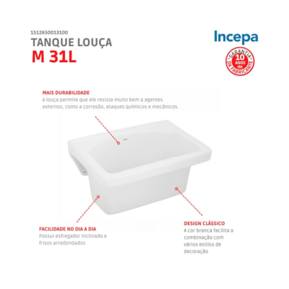 Tanque De Louça M 31l 55x49cm Branco Incepa