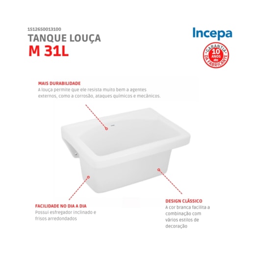 Tanque De Louça M 31l 55x49cm Branco Incepa - Imagem principal - 96cafa47-0598-4cd9-ae02-bead6a8a9ed0