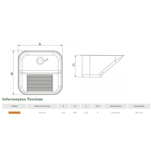 Tanque Em Inox Monobloco Acetinado Debacco 53x43cm 30L - Imagem principal - 0782f529-3d12-419b-a3b2-730d8cae2dc4