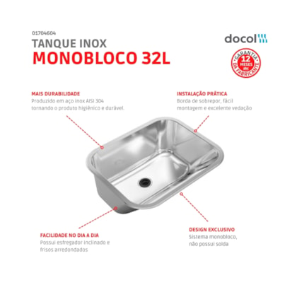 Tanque Monobloco Polido Docol 32L 55x45x23 cm