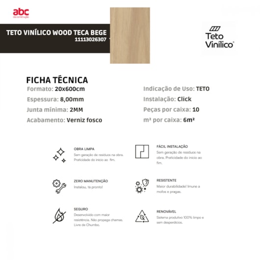 Teto Vinílico Wood Teca Bege 20x600cm - Imagem principal - 32721b7b-630f-40a1-887b-0664313b8bab