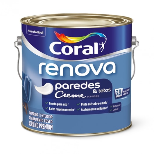 Tinta Acrílica Creme Premium Fosco Renova Paredes e Tetos 3,2L Coral - Imagem principal - c2afef28-a665-43e3-ba94-d0cba228b02d