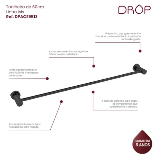 Toalheiro Black Matte Drop 60cm - Imagem principal - e0104ffa-0e91-4cf8-9655-dd7705c851a1
