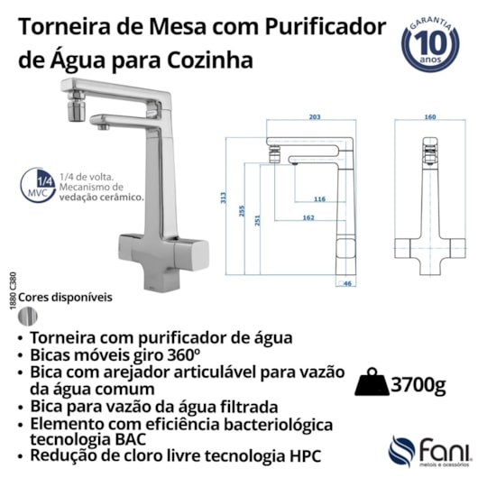 Torneira de Mesa Com Purificador de Água 1880 Cromado Fani  - Imagem principal - 99b078a3-b399-44a9-8764-e8e3c05528f2