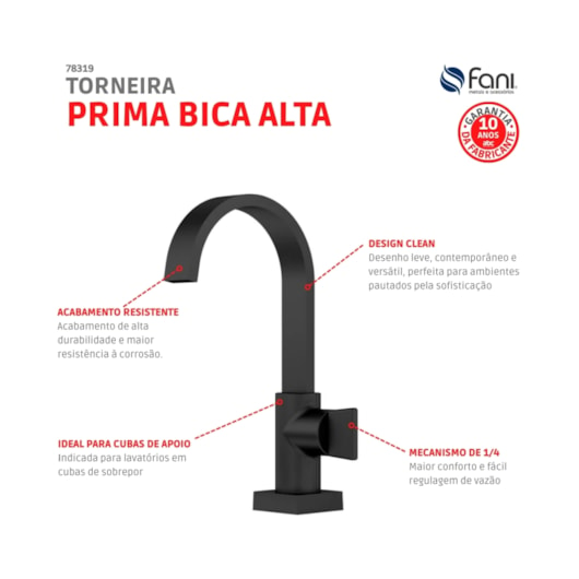 Torneira de Mesa para Banheiro e Lavabo Prima 1195 BK210 Preto Fosco DN 15 1/2 Fani - Imagem principal - 187caa73-68be-4ece-a1ad-43d48e97f0f7