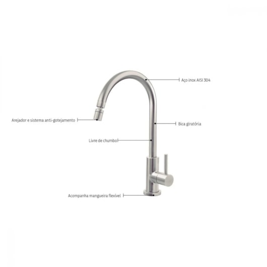 Torneira De Mesa Para Cozinha Bica Alta Escovado Arko Cromado Tramontina - Imagem principal - d5b56a36-1f71-4e53-a989-b2a3a8fb5cf7