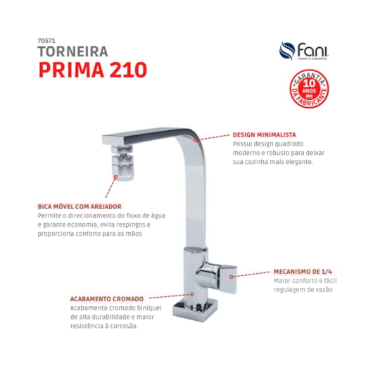 Torneira de Mesa para Cozinha Bica Móvel 360° Arejador Articulável Prima 1166 C210 DN 15 1/2 Cromada Fani  - Imagem principal - f54114bb-c8ac-4992-96d9-083d44daa2fa