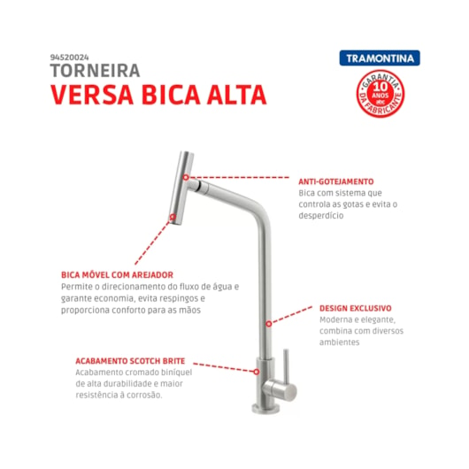 Torneira De Mesa Para Cozinha Versa Bica Articulada Cromado Tramontina - Imagem principal - 7e62cdfa-5ed5-4784-a02a-9c622362c895