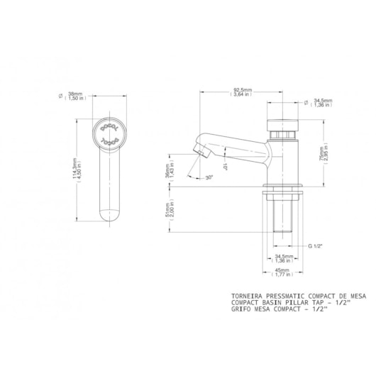 Torneira De Mesa Para Lavatório Automatica Temporizada Pressmatic Compact Cromada Docol - Imagem principal - 5c6eecfe-0081-4047-aa44-bc246fb7e9a8