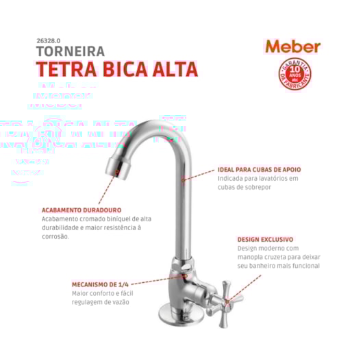 Torneira De Mesa Para Lavatório Bica Alta 1190 C24 1/4 Volta Tetra Cromado Meber - Imagem principal - e82b3edc-f154-462f-b7a0-a05b53d71d06
