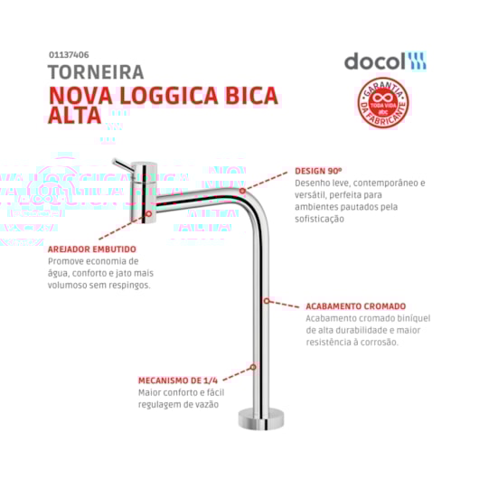 Torneira De Mesa Para Lavatório Bica Alta 90° Nova Lóggica Docol Cromado - Imagem principal - 11747999-50b2-420b-8d67-9170001f1885