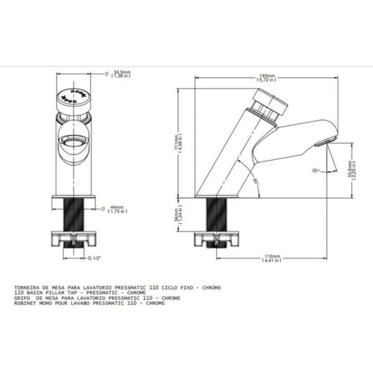 Torneira De Mesa Para Lavatório Com Ciclo Fixo Pressmatic Bica Baixa 110 Cromada Docol - Imagem principal - 51e0d3f6-ea22-458e-8f1d-4f31620738b2