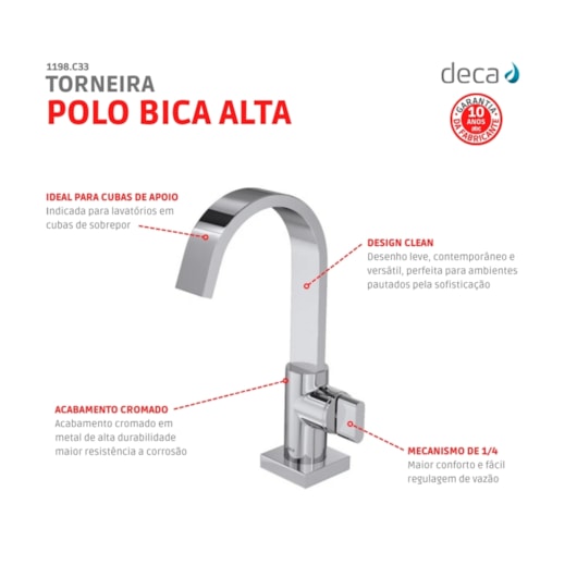 Torneira De Mesa Para Lavatório Polo Bica Alta 1198 Cromada Deca - Imagem principal - 0ddb9d90-ae88-464d-b13c-8dd3a9222939