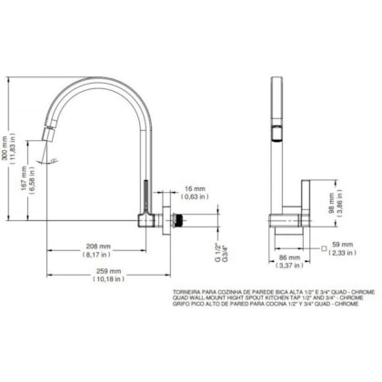 Torneira De Parede Para Cozinha Bica Alta 1/2 E 3/4 Quadrada Cromada Docol
