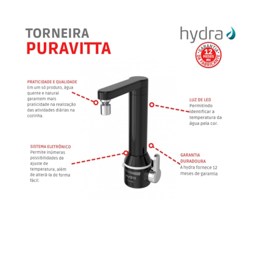 Torneira De Parede Puravitta Preto Hydra 5500W 127V - Imagem principal - f6aa0c9e-c2ad-4bf5-93ae-8d65733a1689