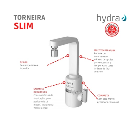 Torneira Elétrica Multitemperaturas Parede Slim 4t 127v 5500w Branco Hydra - Imagem principal - c4befa9e-6d04-4912-9fa0-5f4d0d278aca