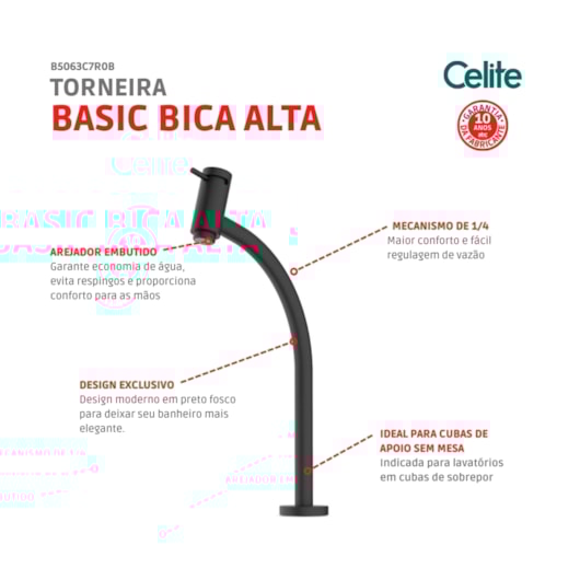 Torneira Lavatório Basic Mesa Bica Alta Matte Black Celite - Imagem principal - 64658a2c-fea0-43f8-bb6d-6bc9966657d1