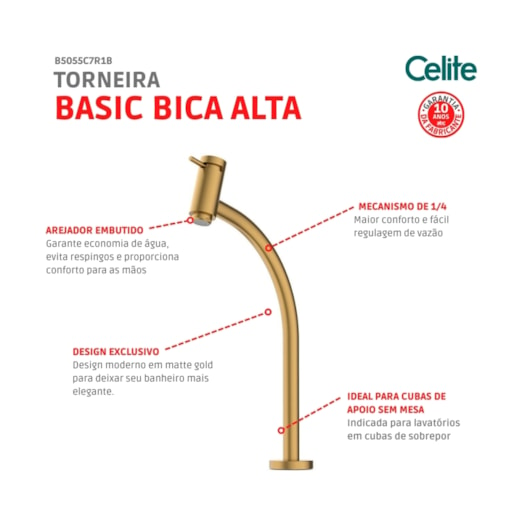 Torneira Lavatório Basic Mesa Bica Alta Matte Gold Celite - Imagem principal - 47ed4b21-1a59-42a8-9834-8de81dd6e64c