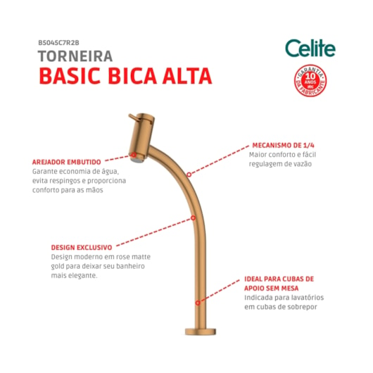 Torneira Lavatório Basic Mesa Bica Alta Matte Rose Gold Celite - Imagem principal - c922e60e-988f-40ad-8d9f-869c7ed883ea