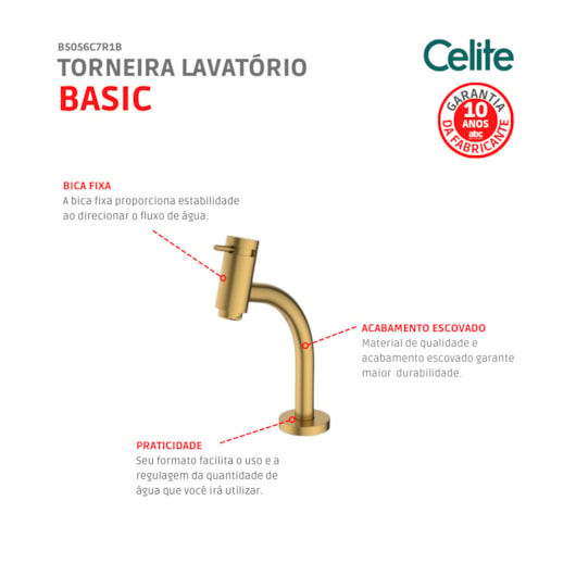 Torneira Lavatório Basic Mesa Bica Baixa Matte Gold Celite - Imagem principal - cb36a01d-3cfe-4ce7-91ce-97366eb19a28