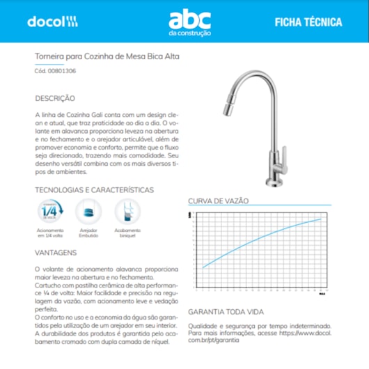 Torneira Para Cozinha De Mesa Bica Alta Gali Cromada Docol - Imagem principal - bae4c33a-cd3f-41b4-b8e9-f1b6e56ba447