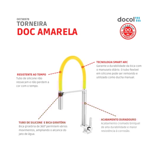 Torneira Para Cozinha De Mesa Doc Bica Alta Cromada/amarelo Docol - Imagem principal - 0d6d0832-6d46-423c-8690-86a8f8378bd4