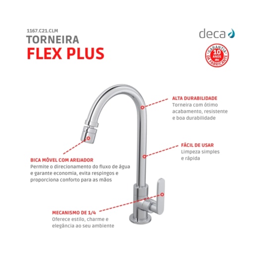 Torneira Para Cozinha De Mesa Flex Plus Bica Alta Cromado Deca - Imagem principal - 10b86ffa-d2ee-4884-9970-92c746ad5693